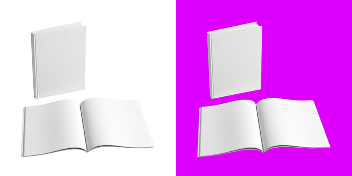 Blank white book cover and open pages template for branding design presentation isolated on bright background