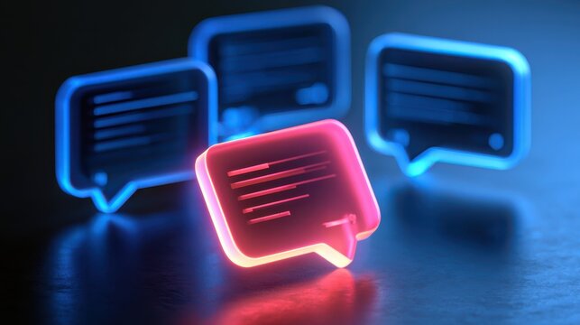 Neon speech bubbles glowing in blue and pink symbolize digital communication and online messaging in a futuristic, tech-inspired style.