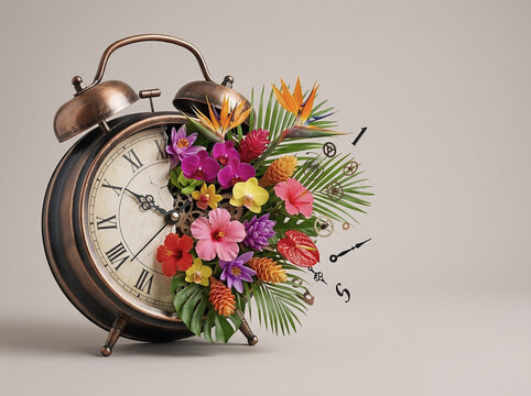 Surreal Retro Alarm Clock Exploding with Vibrant Fresh Tropical Flowers on a Clean Studio Background
