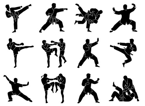 Black silhouettes of twelve martial artists in varied stances and techniques. Bold vector artwork symbolizing combat, discipline, and diverse martial arts styles.