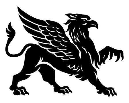 Black silhouette of griffin with lion body and eagle wings. Bold vector artwork symbolizing strength, courage, and protection in mythology and heraldry.
