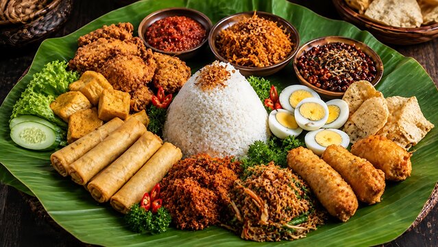 Traditional nasi tumpeng served on banana leaf with various side dishes