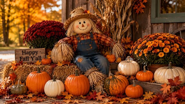 Cheerful scarecrow decoration sitting on hay bale with pumpkins fall decor