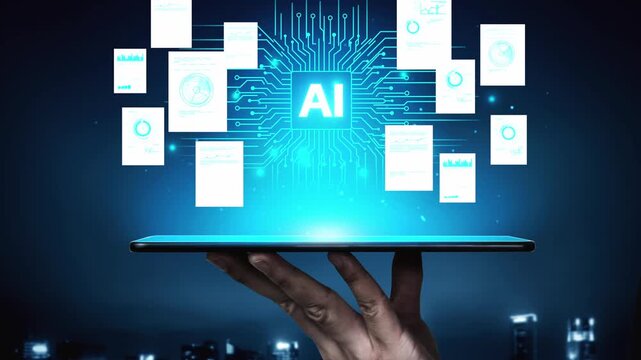 Hand Holding Tablet with Floating Documents and AI Concept, Digital Transformation, Technology Innovation, Data Analysis, and Modern Communication in Dark Background. Entropy.