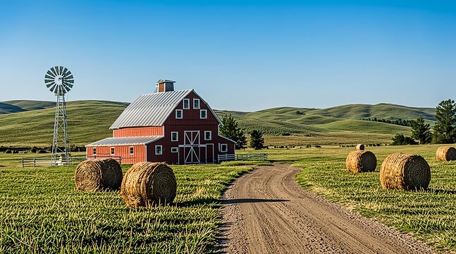 Red barn with hay bales in a rural landscape with a dirt road and windmill under a blue sky