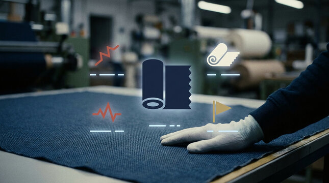 Industrial worker in white gloves inspecting denim fabric on a factory table with smart manufacturing icons and logistics data overlays.