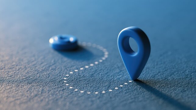 A blue location pin and a blue circular marker connected by a dotted path on a textured surface, symbolizing navigation or route tracking.