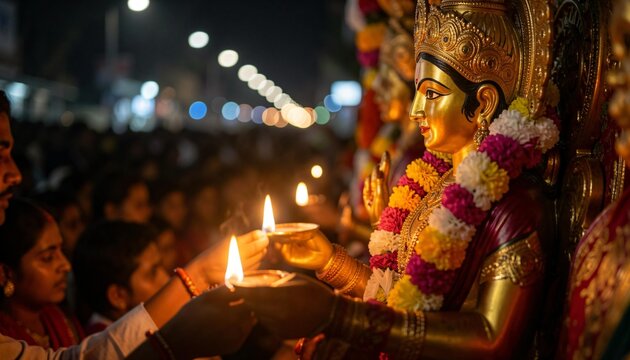 Navaratri festival, a huge idol of Goddess Durga adorned with colorful flowers and golden clothes, crowds of devotees carrying offerings while lighting oil lamps around it, Ai generated ... See More