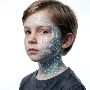 Young Boy with Futuristic Digital Face Overlay.