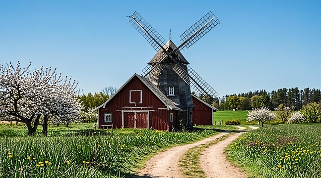 Picturesque rural landscape with a historic windmill nestled amongst blooming trees and lush green fields under a clear blue sky
