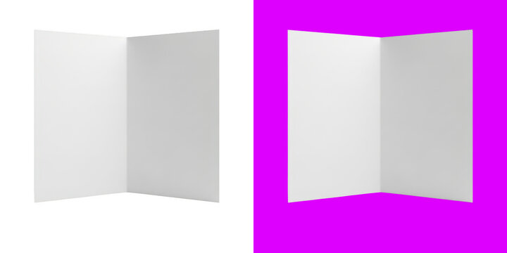 Open blank white paper brochure or greeting card mockup standing upright for business presentation design