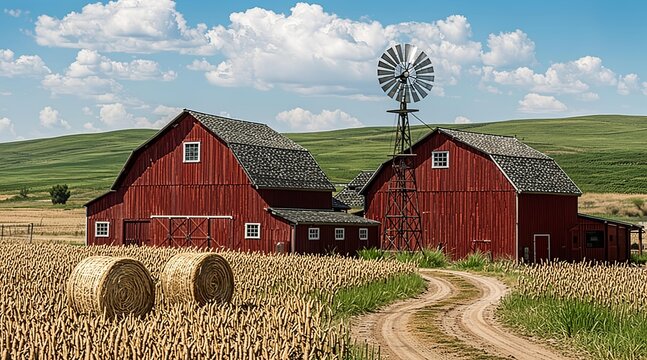 Red farm barns with windmill and hay bales in agricultural rural field