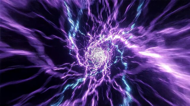Purple energy portal vortex spinning rapidly with bright electric lightning flashes in this abstract motion video