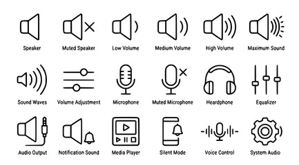 Fototapeta premium Sound volume and speaker icon collection with mute audio control editable black thin line vector illustration