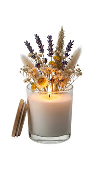 Candle with dried flowers on top.
