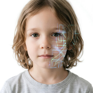 Young Child with Futuristic Digital Face Overlay.