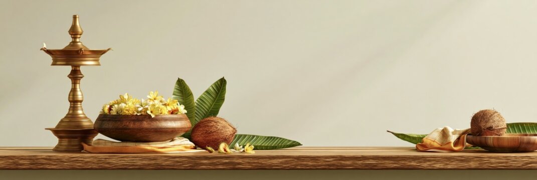 Brass oil lamp, coconut, and flowers on a wooden shelf, onam festival banner realistic banner