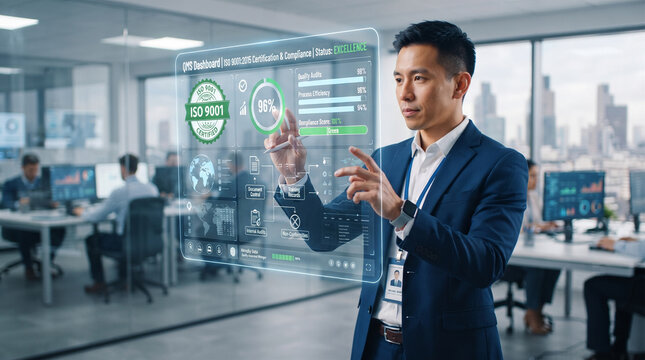 Asian Businessman Interacting with a Futuristic ISO 9001 QMS Holographic Dashboard in a Modern Office Environment for Quality Management and Compliance Tracking
