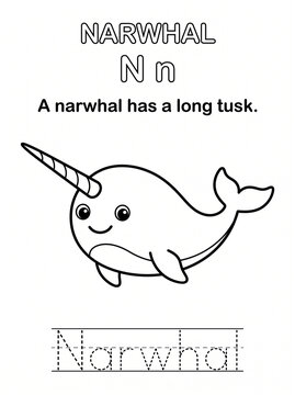 Educational alphabet letter N worksheet with narwhal coloring page and tracing practice