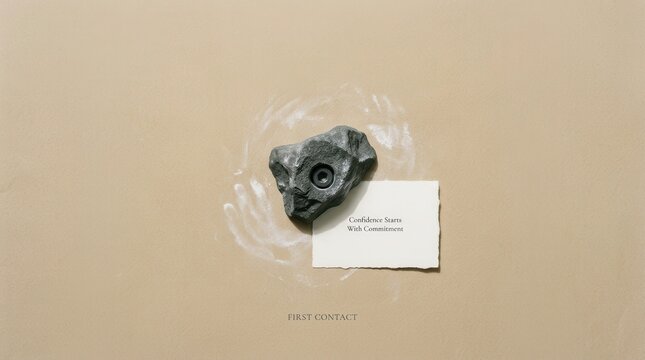 Minimalist climbing hold with motivational note saying confidence starts with commitment and first contact text on a beige background symbolizing growth and sport determination for athletic