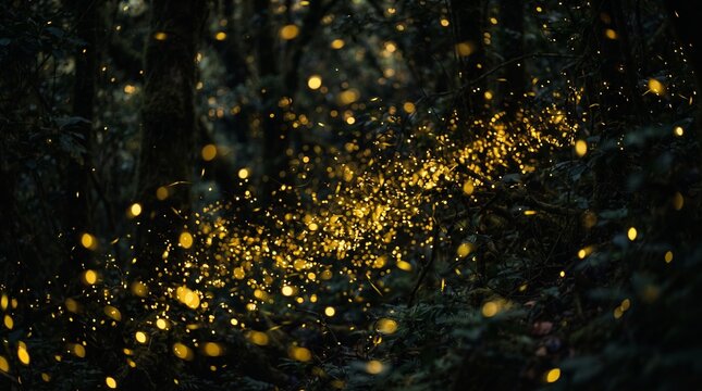 Ethereal Swarm of Glowing Fireflies Illuminating a Dark Forest at Night Creating a Magical Atmospheric Landscape of Bioluminescent Light