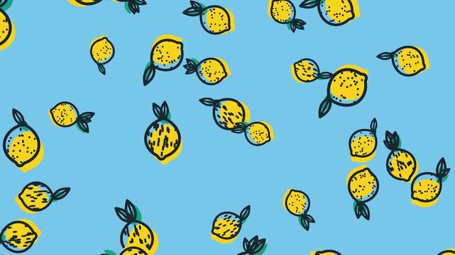 Animated hand-drawn yellow lemons falling against a bright blue background in a seamless loop.