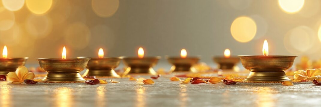 Traditional brass oil lamps lit for diwali festival celebration with flower petals on a table, onam festival banner realistic banner