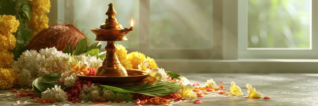 Traditional brass diya oil lamp with coconut and flowers for indian festival celebration, onam festival banner realistic banner