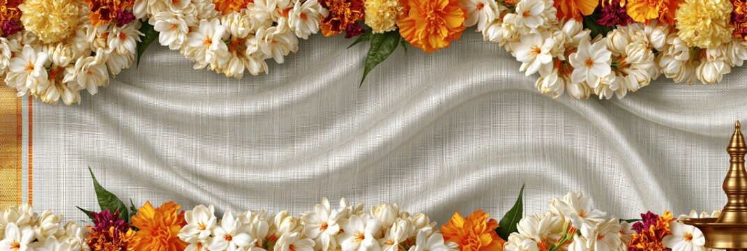 Traditional indian floral frame with jasmine, marigold, green leaves, and brass lamp on fabric background, onam festival banner realistic banner