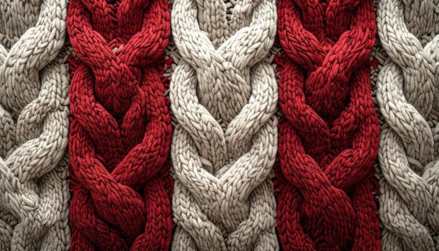 A warm knitted wool texture featuring elegant braided patterns in neutral gray, white, and deep red tones. Perfect for winter promotions, fashion catalogs, holiday branding, textile presentations.