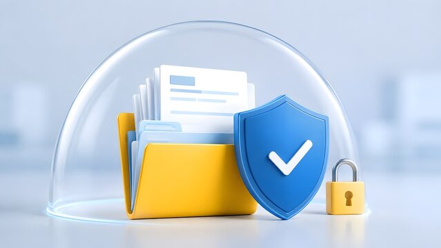 Transparent protective glass dome over secure file folder with shield and padlock symbolizing maximum data security and confidential document privacy.