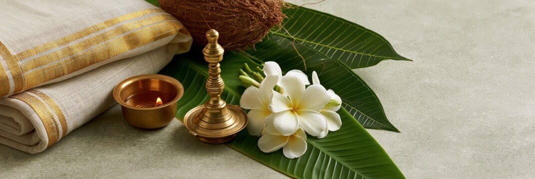 Traditional kerala vishu festival arrangement with coconut, brass lamp, plumeria flowers and mundu cloth, onam festival banner realistic banner