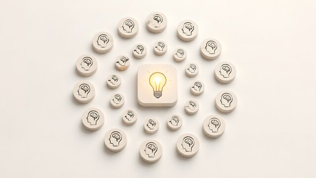 Collective focus and crowd sourcing concept showing multiple brain tokens gathering around a central glowing light bulb on a white background.