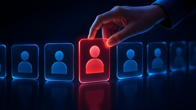 Hand Selecting Red Glowing Digital Profile Icon from a Row of Blue Icons Concept of Online Recruitment and Talent Acquisition