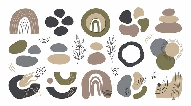 Flat vector collection of minimalist Japanese wabi-sabi inspired boho abstract shapes, natural river pebbles, stacked zen stones, rainbow arches, and line art leaf accents on white background.