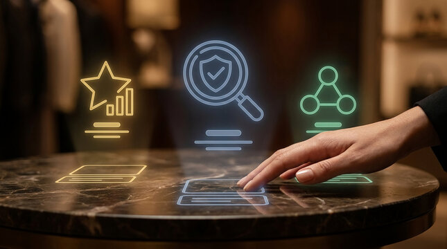 Futuristic Digital Business Interface with Hand Interacting with Holographic Icons of Growth Security and Networking on Luxury Marble Table Surface