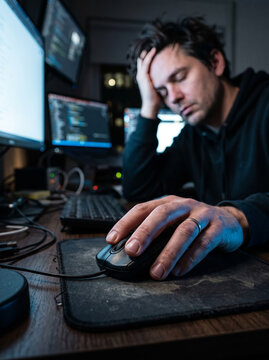 Tired software developer sitting at desk in front of glowing computer screens