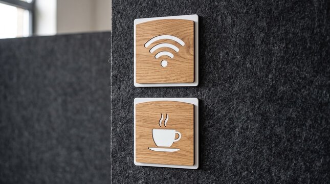 Wifi and Coffee Signage: Two square wooden signs, one depicting a Wi-Fi symbol and the other a steaming coffee cup, are mounted on a textured gray wall.