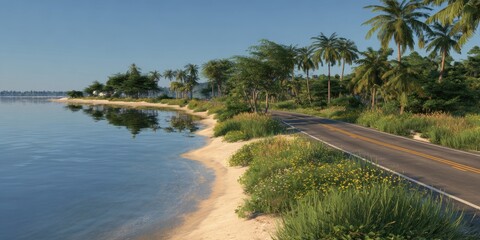 Fototapeta premium Coastal road next to ocean with palms and green vegetation during daytime