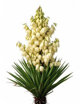 Tall bloom stalk with creamy white bells atop sword-shaped green leaves