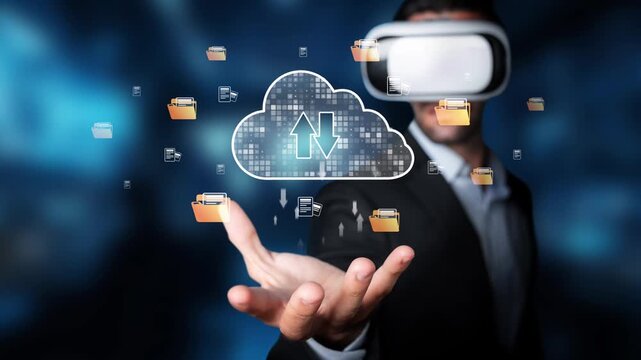 Explore the intersection of virtual reality and cloud computing in this captivating image showcasing user interaction with digital files in a futuristic environment. Raster