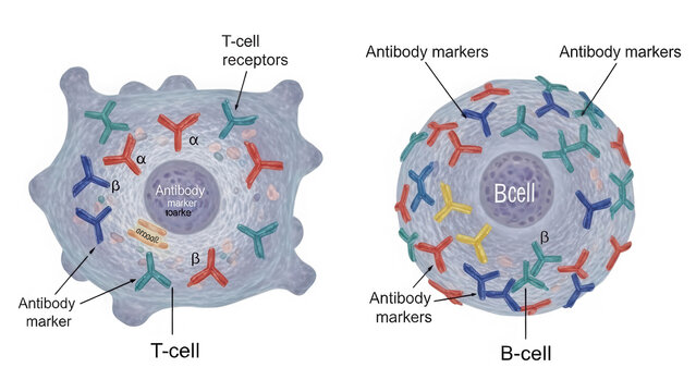 Biological diagram of IgE and IgG antibodies binding to a cell isolated on transparent background