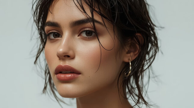 Wet hair beauty portrait with luminous skin and soft expression