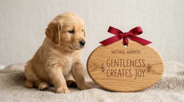 Adorable golden retriever puppy sits near a wooden plaque with a red ribbon and an engraved inspirational quote about joy and gentleness on a soft textured background perfect for home decor gifts and