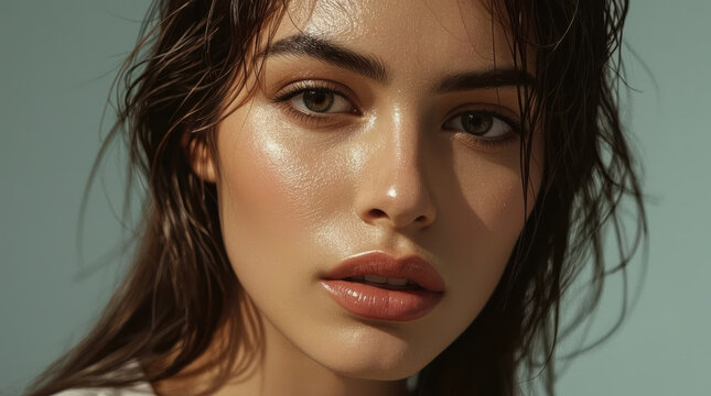Glowing close up beauty portrait of young woman with damp hair and luminous skin