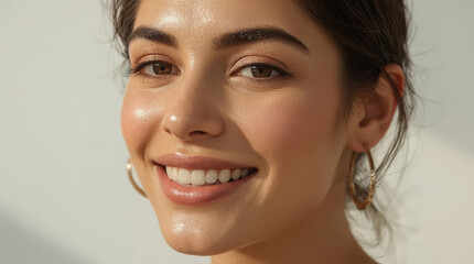 Naklejka premium Radiant smiling woman close up portrait natural makeup warm light