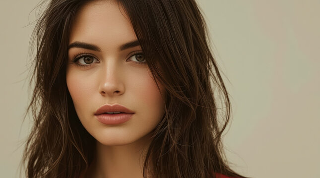 Young woman portrait glossy hair natural makeup soft expression
