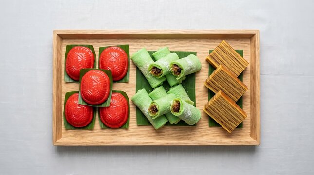 Lapis cake, putu ayu, and red thok cake with mung bean filling Indonesian traditional cake 