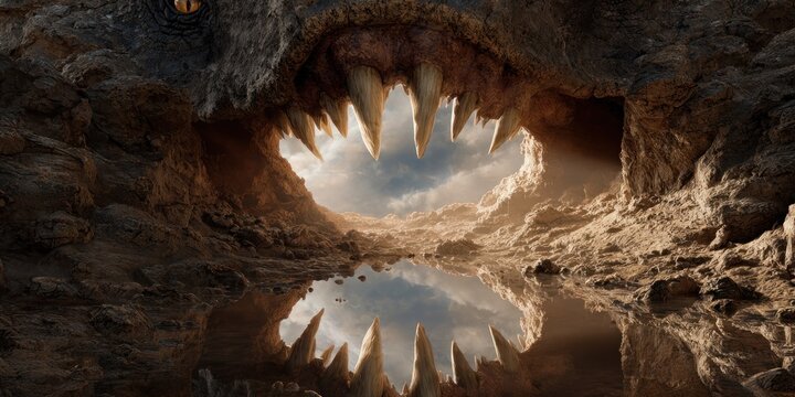 Dramatic landscape image of a creatures cavernous mouth with sharp teeth and reflection