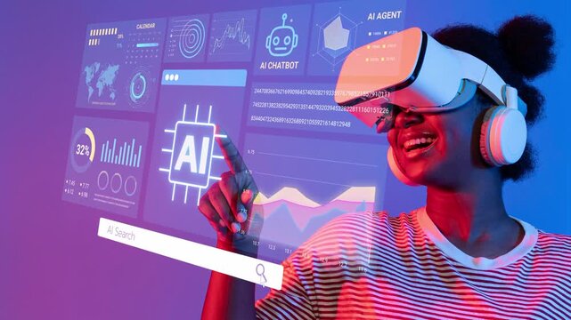 Person wearing virtual reality headset interacting with digital interface showcasing artificial intelligence technology and data visualization concepts. Entropy.